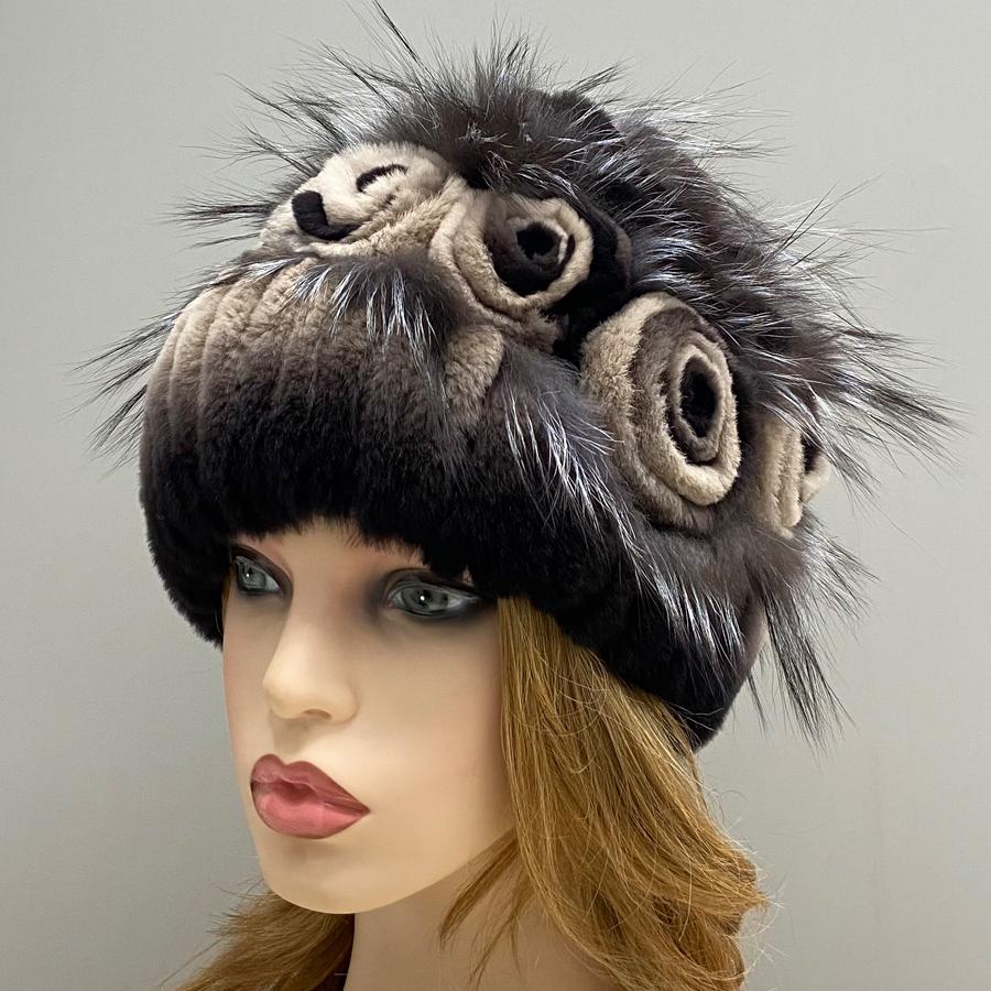 Цветочная меховая шапка из кролика Зимняя женская модная стильная теплая шапка из натурального меха