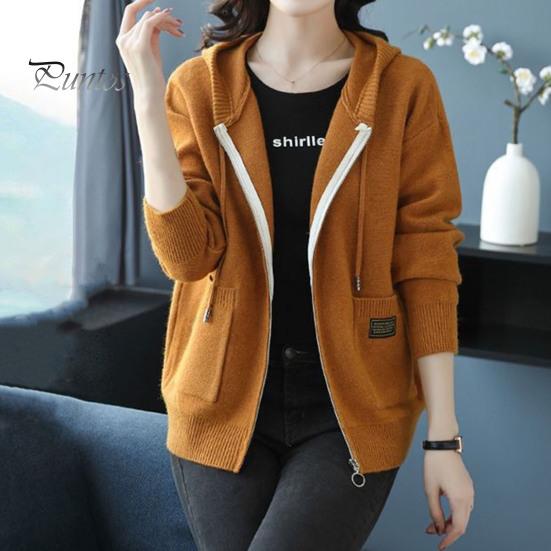 Осень-зима Женское пальто с капюшоном, завязками, длинными рукавами, карманами, плотный, сохраняющий тепло, однотонный кардиган на молнии, повседневная трикотажная куртка