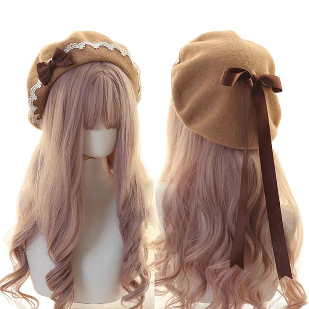 Warm Girl Lace Bow Hat Sweet Painter Hat Y2k Beanie Cap Female