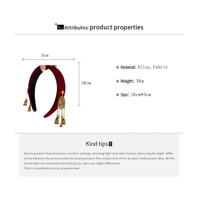 Ethnic Bell Round Texture Double Tassel Velvet New Year Red Headband Fashion Versatile Magnificent Hair Accessories for Women