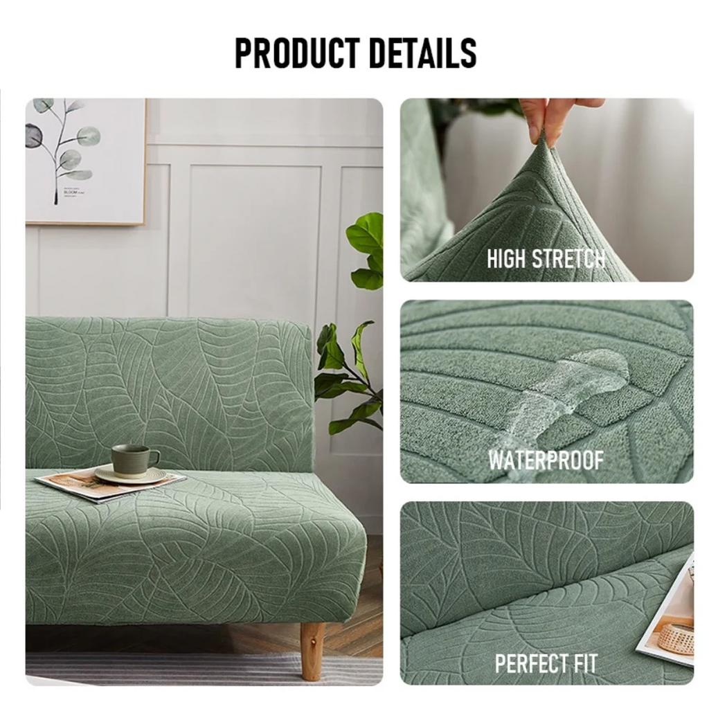 1Pc Large Size Water Resistant Leaf Texture Jacquard Stretch Armless Sofa Bed Cover Spandex Non Slip Soft Couch Slipcover