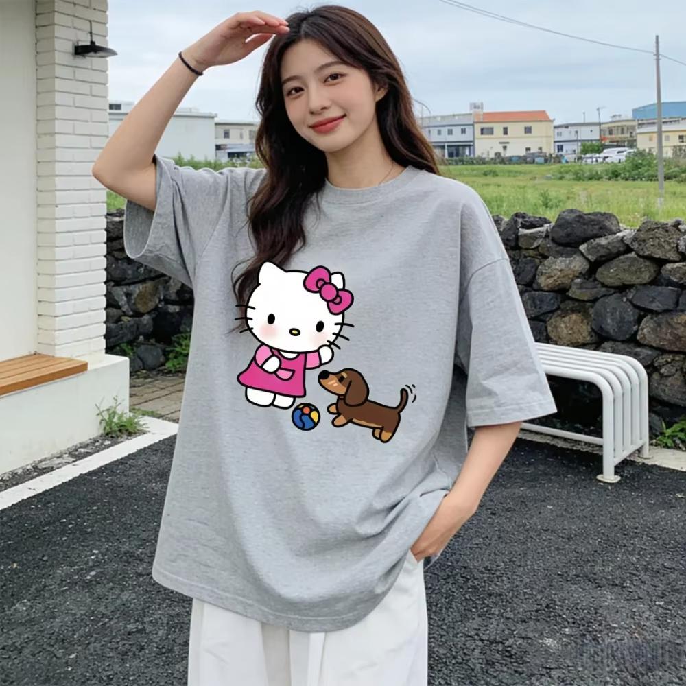 2026 Футболка Hello Kitty из мягкого хлопка с коротким рукавом и круглым вырезом, милый принт, легкий летний топ для женщин, повседневная одежда