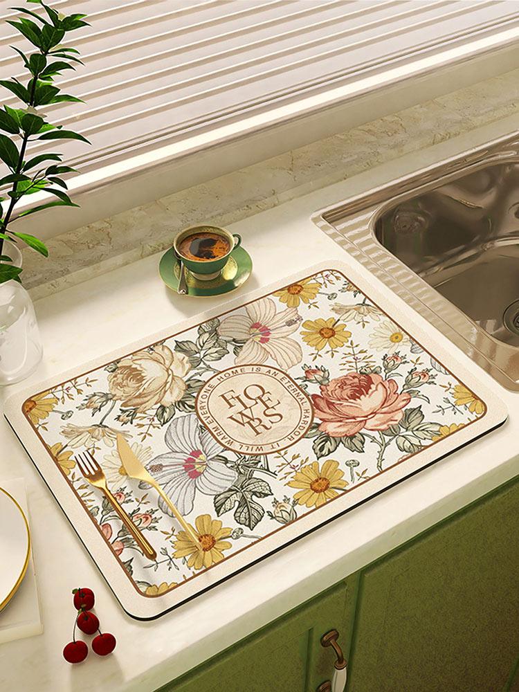 Коврик для сушки посуды с цветочным принтом, суперабсорбирующий коврик для сушки кофе, коврик для сушки посуды, быстросохнущий коврик для кухонной посуды