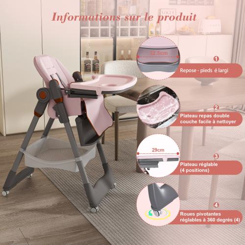 Adjustable Kids High Chair 0-6 Years, Portable Dining Chair with Safety Harness, Lockable Wheels, Easy Cleaning for Home, Pink