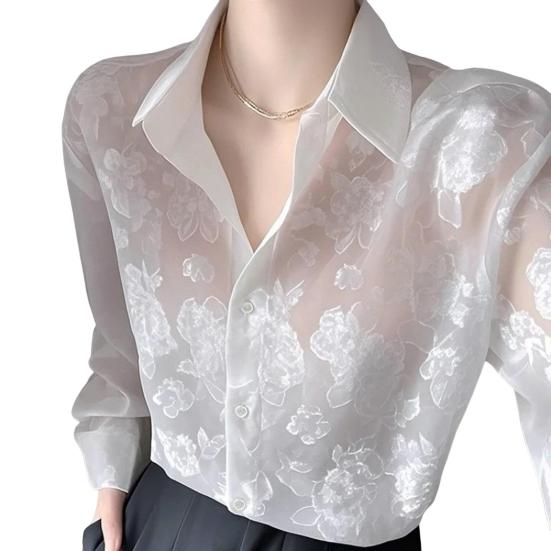 Women Shirt Lapel Long Sleeve See-through Flower Pattern Shirt Tops Single Breasted Thin Sun Protection Casual Shirt