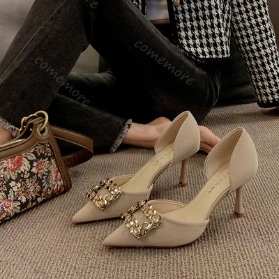 Мода Comemore Черные туфли на высоком каблуке со стразами Весна Осень Новая женская обувь Темпераментные туфли-лодочки Квадратная пряжка Шпилька 8 см Женщины