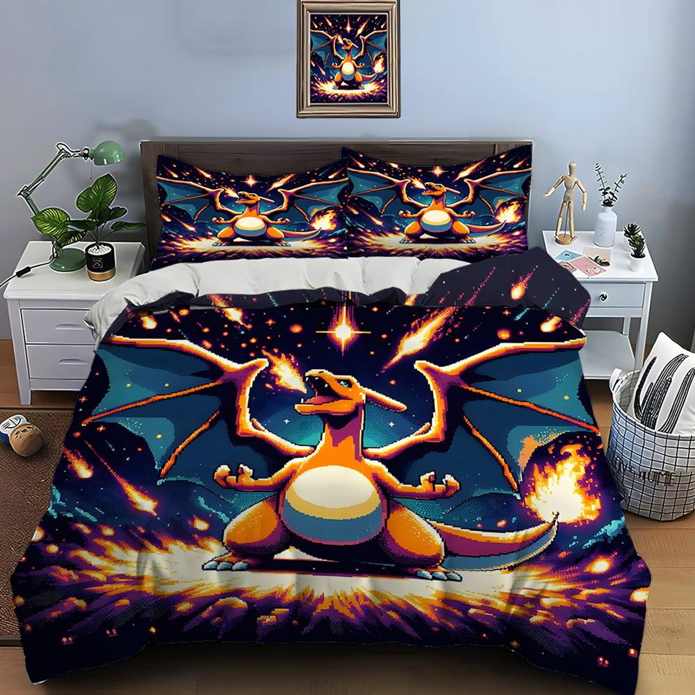 10 размеров Комплект постельного белья с принтом Покемона Чаризарда 3 предмета Набор Кровать Кинг-сайз Наволочка Покрывало для взрослой кровати Спальный комплект для подарков