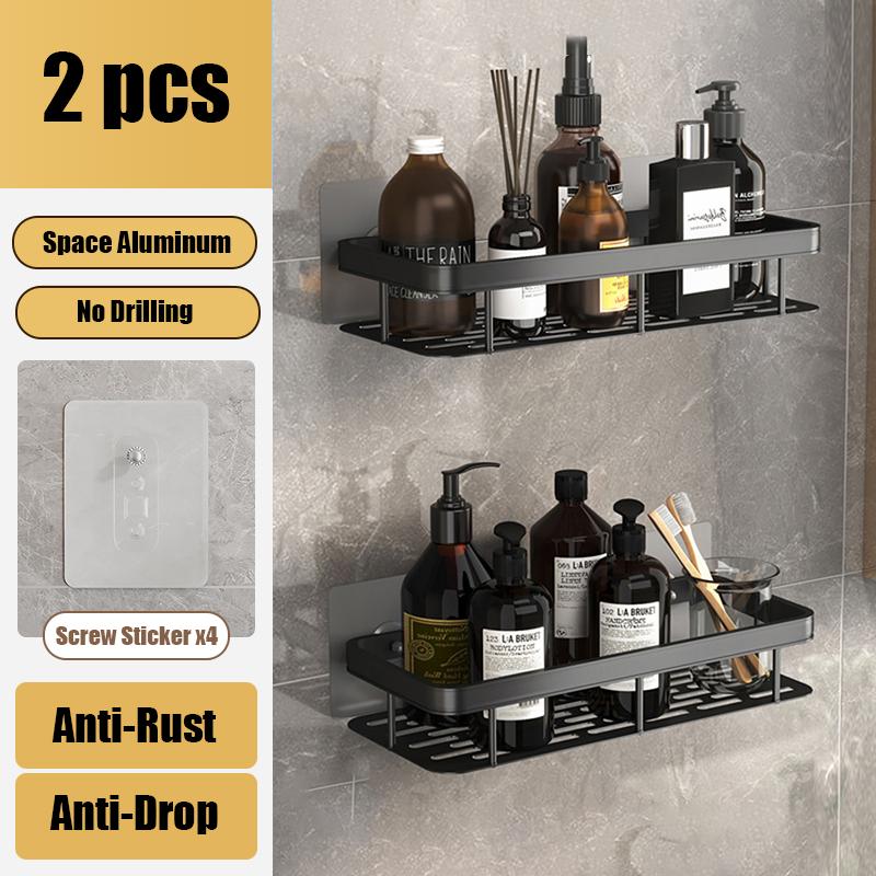 Aluminum Alloy Bathroom Shelf Shampoo Rack Shower Shelf No Drilling Wall Shelf Kitchen Storage Organizer