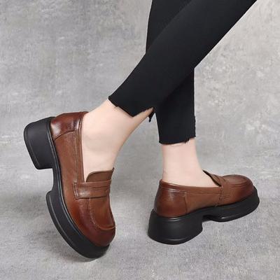 Женские туфли на толстой подошве с круглым носком из маленькой кожи, весенние туфли из коровьей кожи первого слоя, туфли-маффины и слипоны, повседневная обувь в стиле колледжа