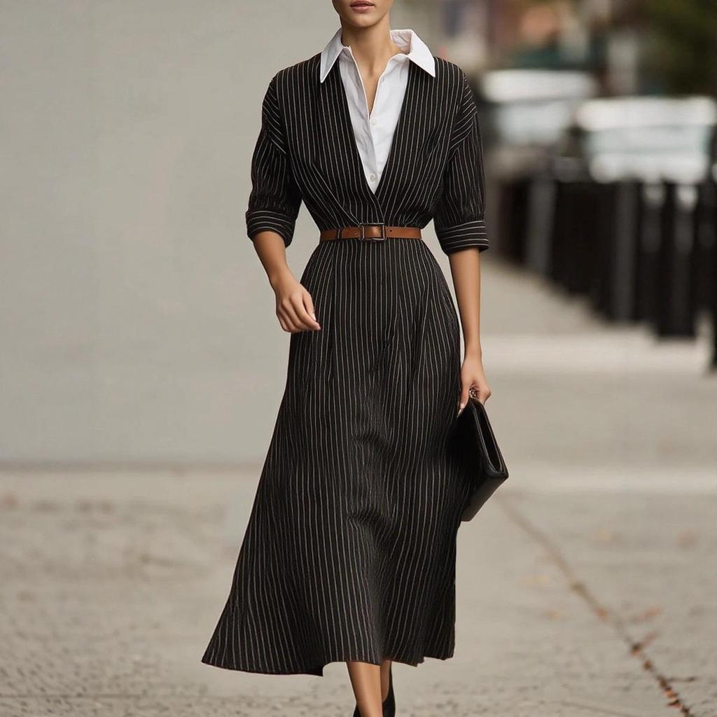 Женское ретро-платье-рубашка в полоску (европейский и американский стиль), Осенняя коллекция - Свободный крой с поясом, Color-block, Дизайн с воротником-рубашкой