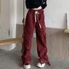 Красная женская одежда Y2K, винтажные широкие брюки, новая мода в стиле хип-хоп, мешковатые брюки-карго с высокой талией, уличная одежда для мытья полов, осень