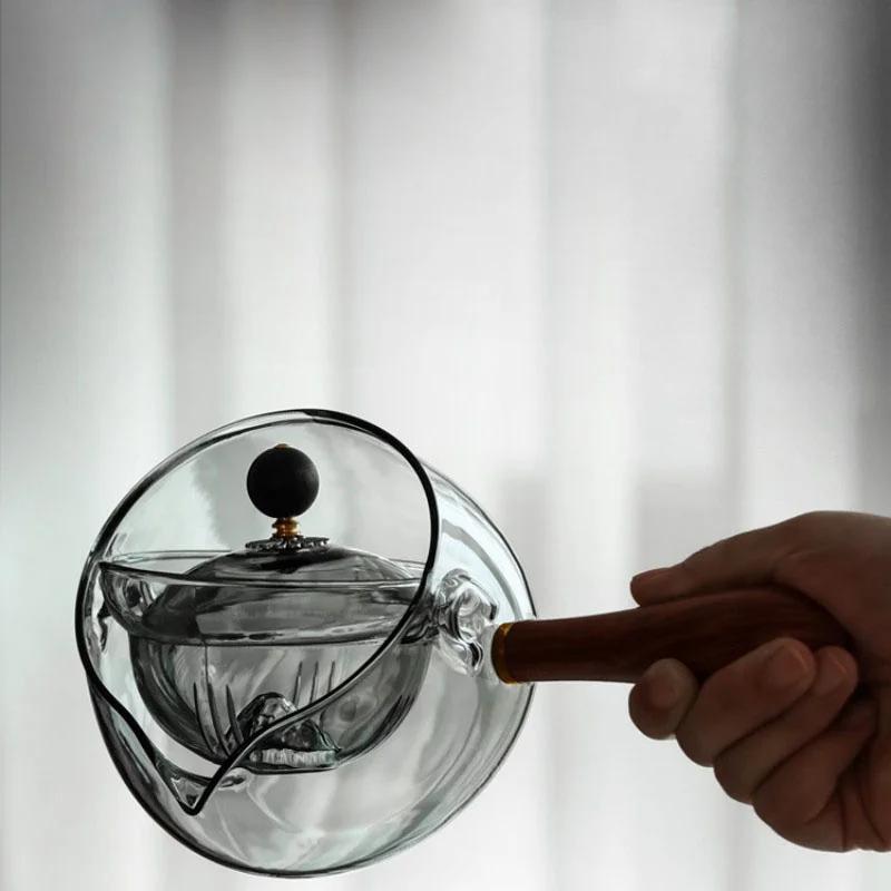 Съемный стеклянный чайник с вращением на 360°, термостойкий, с боковой деревянной ручкой, стеклянный заварочный чайник, набор для чая кунг-фу