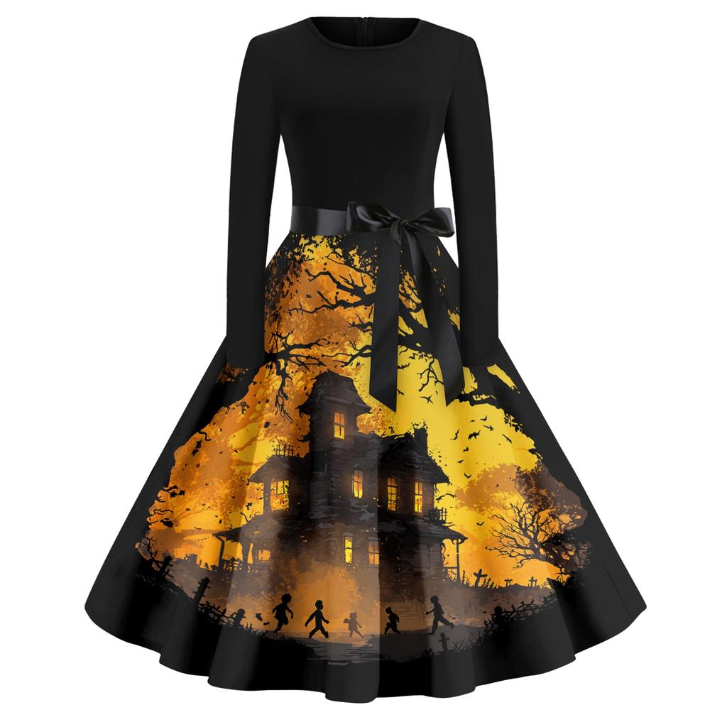 Women's Casual Fashion Round Neck Halloween Printed Vintage Dress