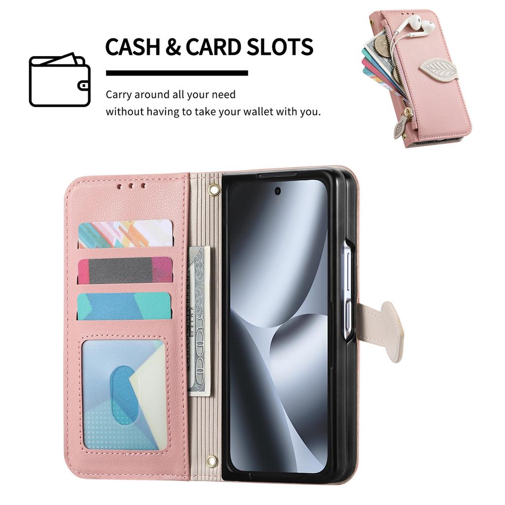 Leaf Buckle Flip Zipper Wallet Cards Solt Leather Case for Google Pixel 11 Pro Fold Shockproof Comfortable Grip Book Stand Cover