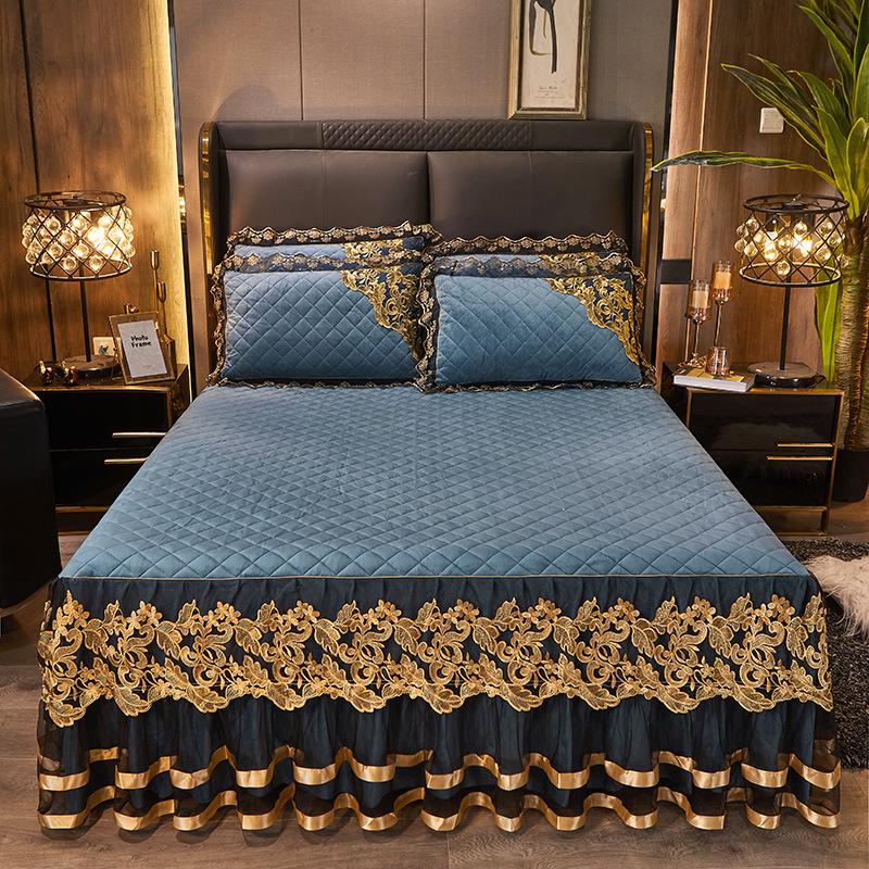 Осенне-зимняя хрустальная бархатная кружевная юбка-кровать, цельный утолщенный теплый европейский стеганый коралловый бархатный покрывало, комплект из четырех предметов