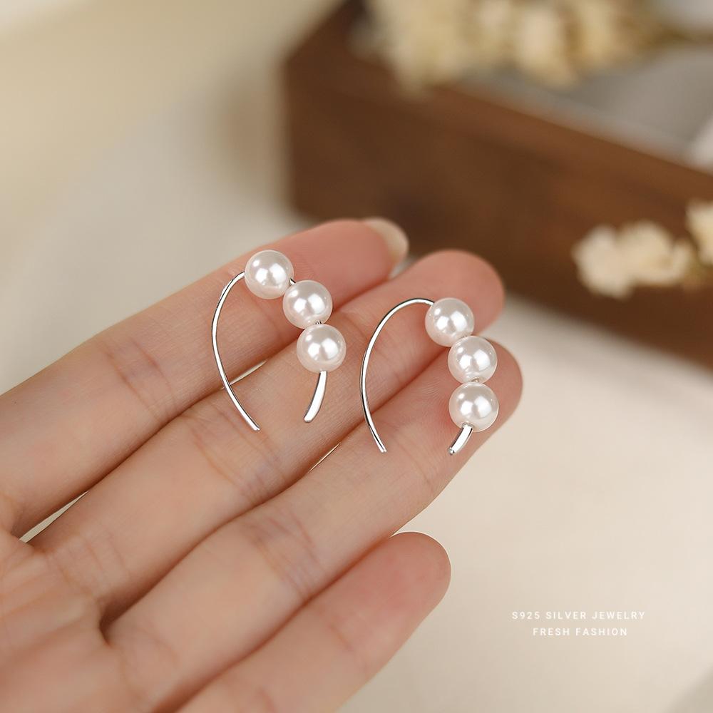 French Retro Light Luxury Round Beads 925 Sterling Silver Earrings for Women Fashion Temperament Jewelry Accessories