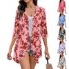 Women's Print Irregular Three-quarter Sleeve Cardigan With Pocket Jacket