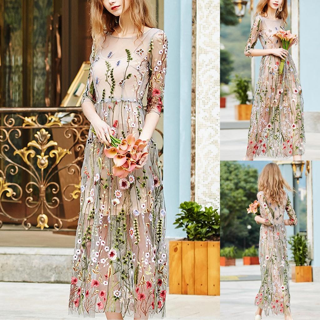 Women's Seaside Holiday Beach Long Dress Mid-length Retro Embroidery Mesh Dress