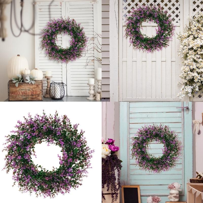 Artificial Spring Wreath PurpleFlower Wreath Eucalyptuses Flower Wreath for Front Door Wall Wedding Party Home