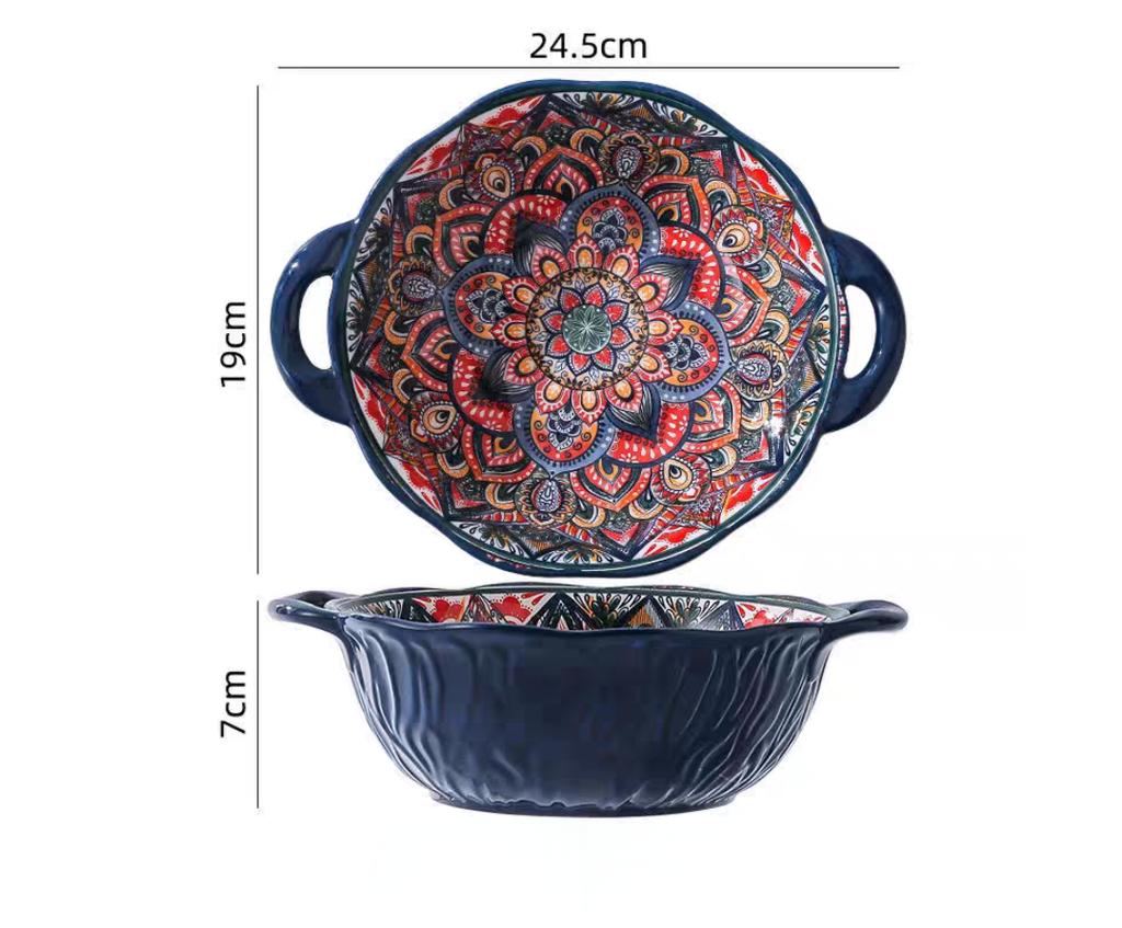 Керамическая суповая миска в богемном стиле с ручкой, безопасна для использования в микроволновой печи, рельефный дизайн. Отлично подходит для подачи супов, салатов и лапши рамэн.