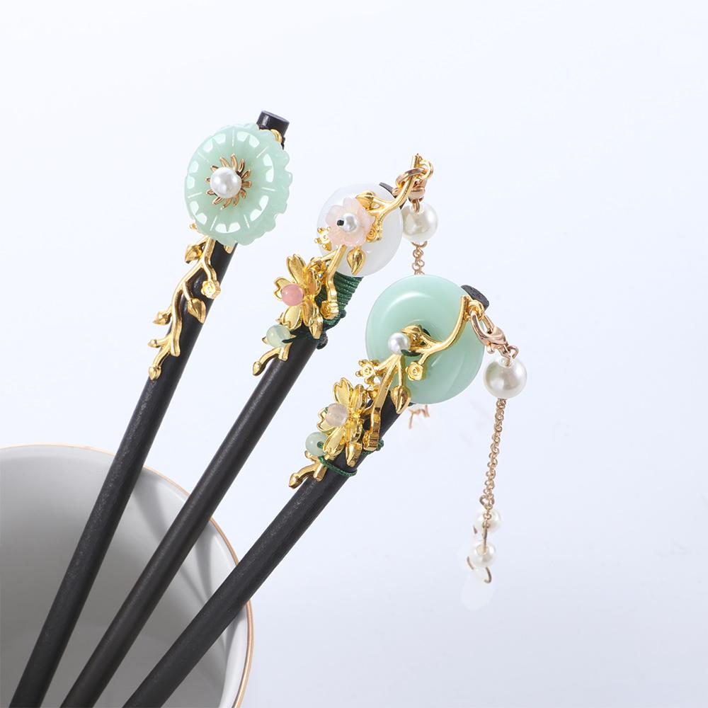 Elegant Disk Hair Hanfu Women Tassel Hair Sticks Hair Accessories Wooden Hair Fork Flower Hairpins