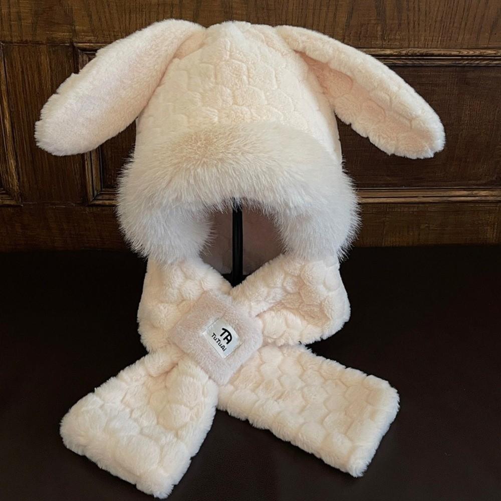 Plush Hooded Hat Scarf Set Thicken Lei Feng Hat Kawaii Fluffy Bomber Hats  For Cold Weather