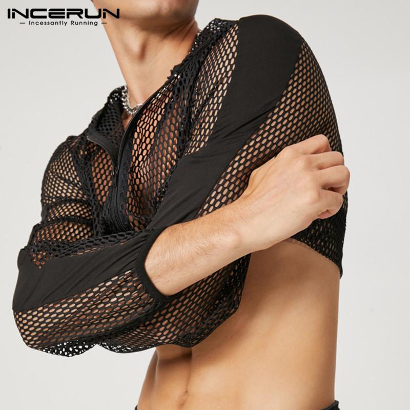 INCERUN Летние мужские прозрачные укороченные топы в сетку с капюшоном