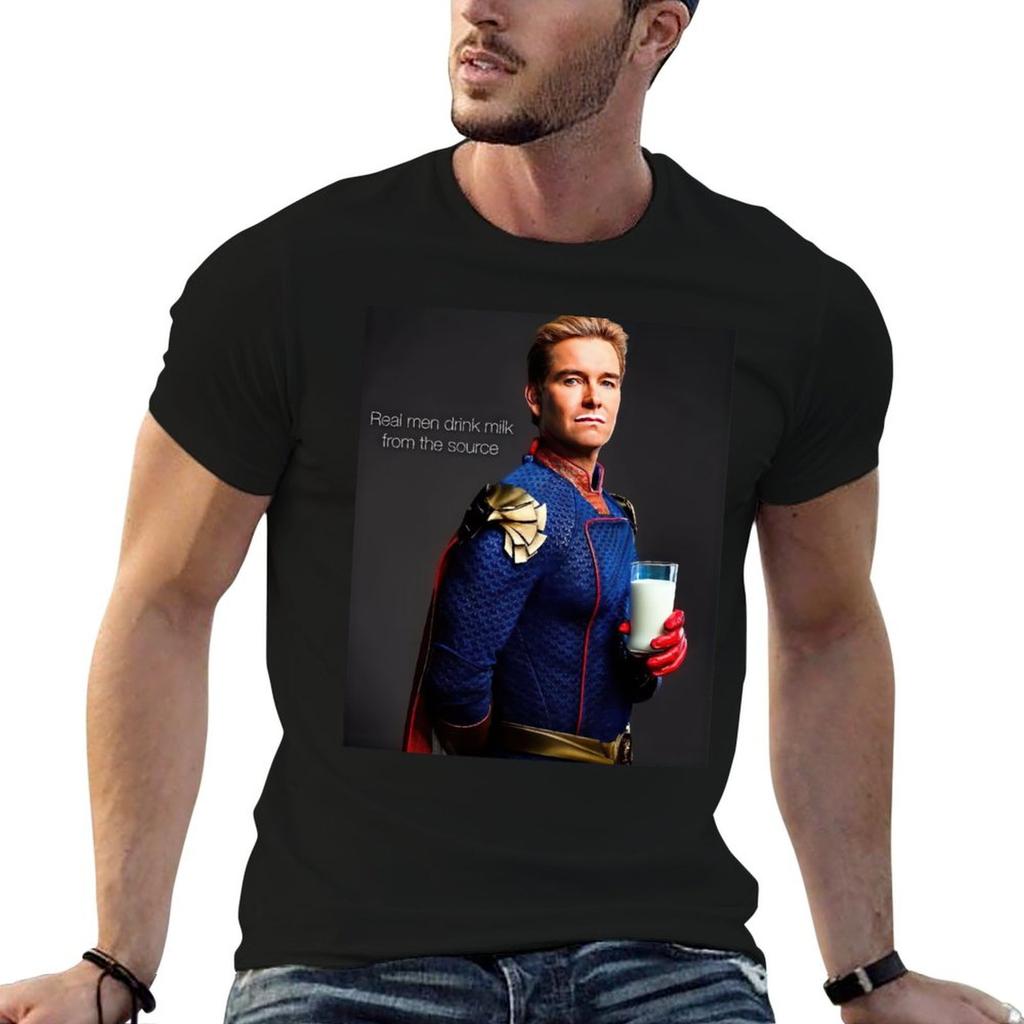 Homelander Real Men Drink Milk T-Shirt Casual Basic Short Sleeve T-Shirt