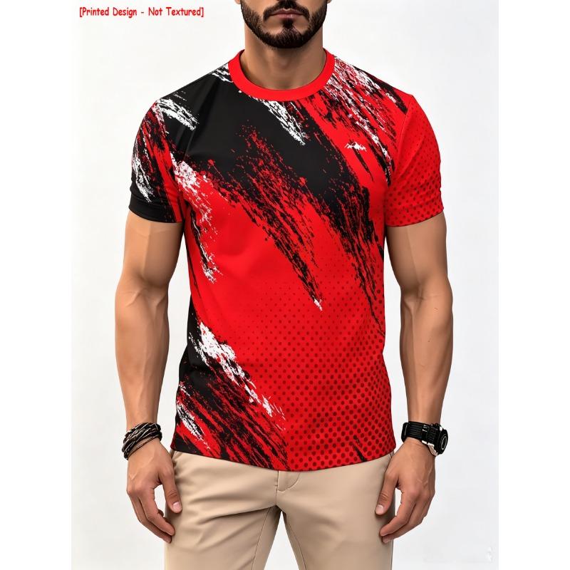Men High Elastic Sport T Shirt Red Black Brush Stroke Print Honeycomb Mesh Crew Neck Breathable Training Top
