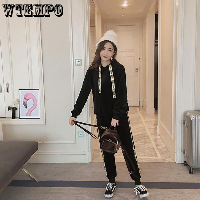 Warm Suit Women's Leisure Sports Suit Long-sleeved Plus Velvet Thickened Hoodie Women's Gold Velvet Hooded Sweater Two-piece Suit