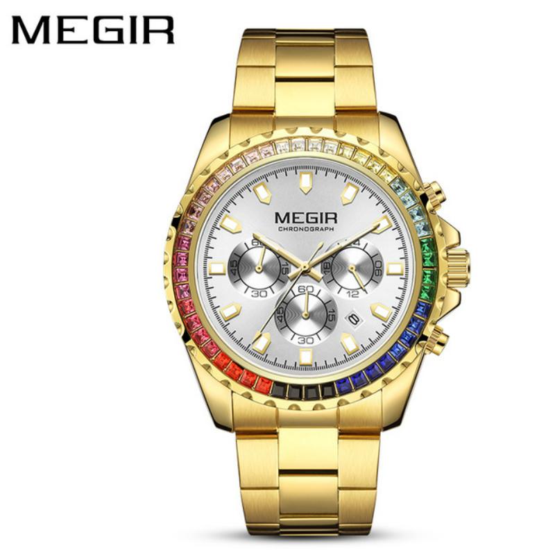 MEGIR Fashion Diamond Inlaid Rainbow Dial Watches Waterproof Luminous Calendar Multifunctional Quartz Watches