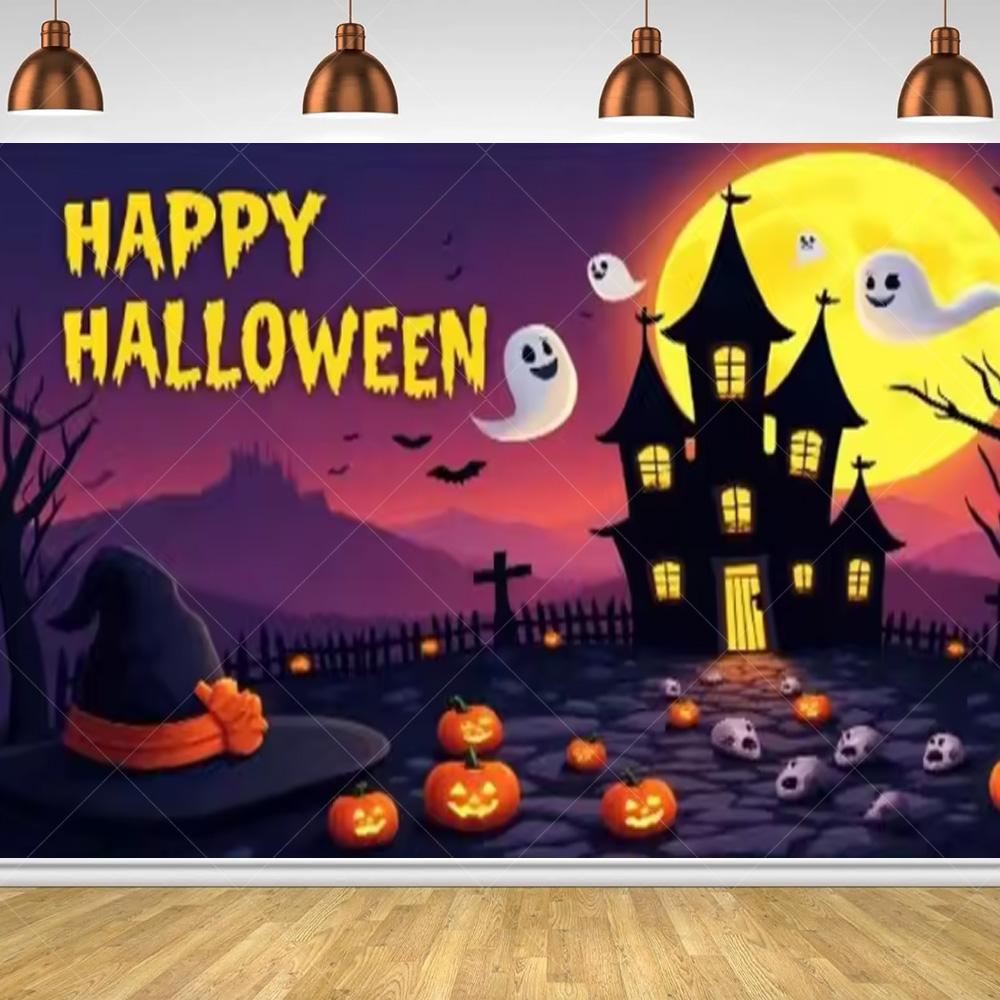 Halloween Horror Night Party Family Gathering Pumpkin Lantern Evil Witch Black Castle Cemetery Forest Background Cloth backdrop