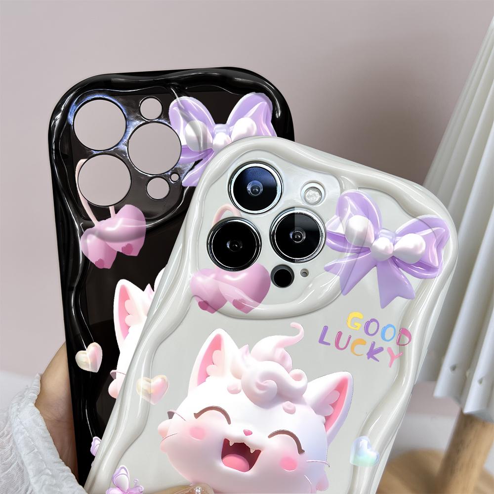For iPhone 16 15 14 13 12 Samsung S24 S23 S22 A06 A13 A14 A15 A16 A55 Redmi Note 13 12 Lovely Cartoon Cat Pattern Soft Shockproof Wave Edge Phone Case