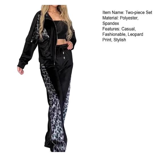 Женские бархатные спортивные костюмы с леопардовым принтом, состоящий из двух частей, для отдыха, толстовка на молнии и спортивные штаны с карманами