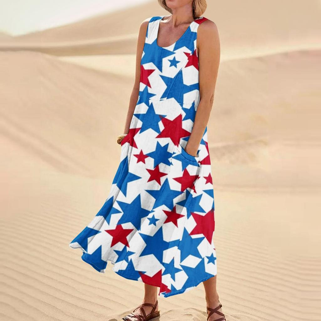 Женское модное повседневное хлопковое льняное платье без рукавов с принтом и карманами