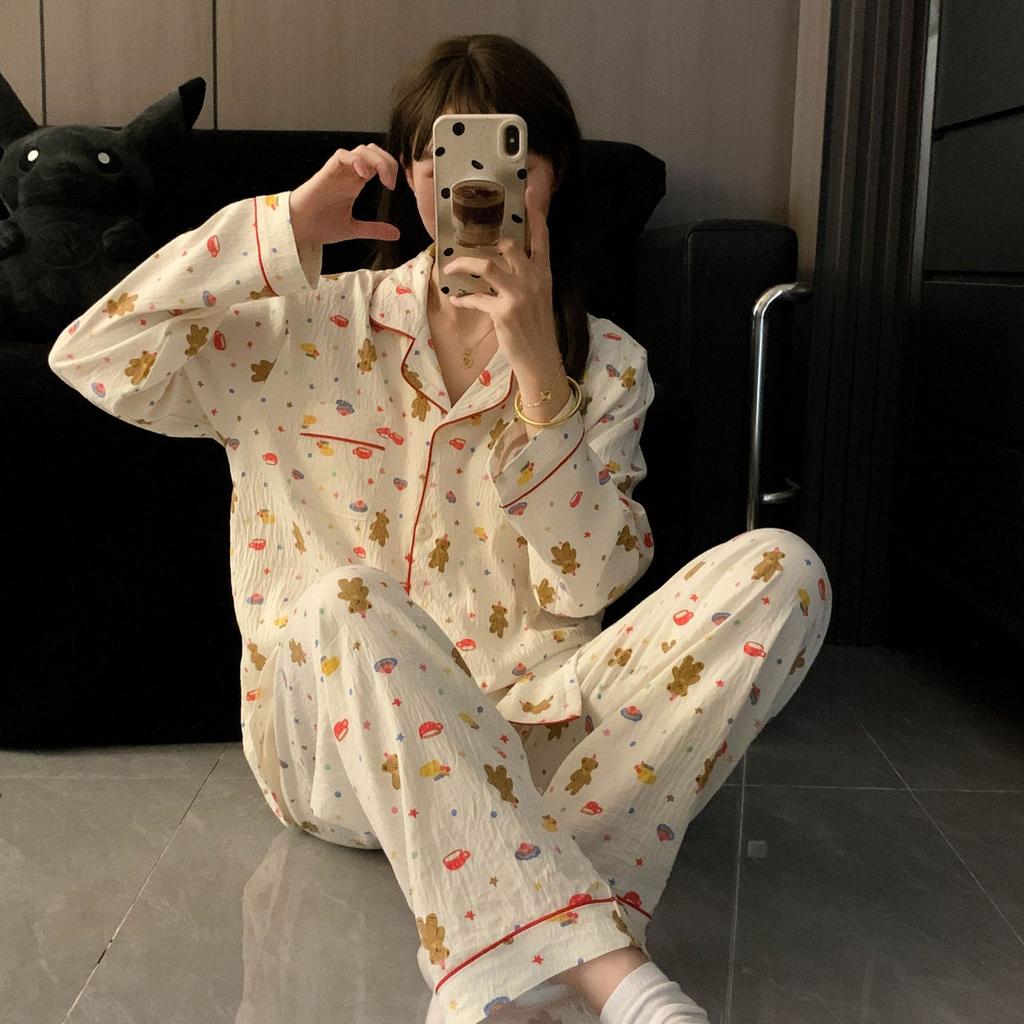 Весенне-осенний женский пижамный комплект домашней одежды с длинными рукавами для девочек-студенток, милый принтованный милый комплект домашней одежды