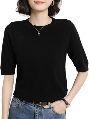 Летний трикотажный топ с коротким рукавом чистый BN244 BLK L [BN1 Select] женские топы, офис, футболка, весна, лето, осень, одежда, рукав 5/8, черный,