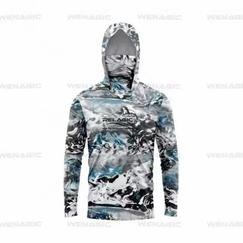 Mens UPF 50 Long Sleeve Camo Fishing Shirt With Hood Face Cover Outdoor Sports Cycling Apparel