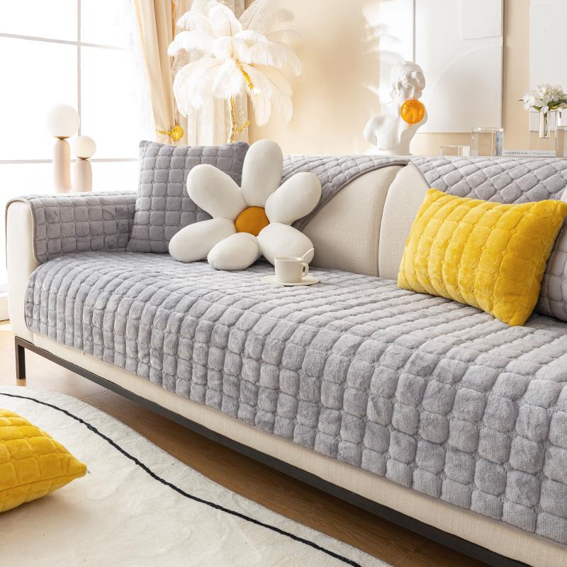Solid Color Plush Sofa Cushion for Autumn and Winter Warmth, Thickened Anti Slip Pet Friendly Sofa Protective Cover
