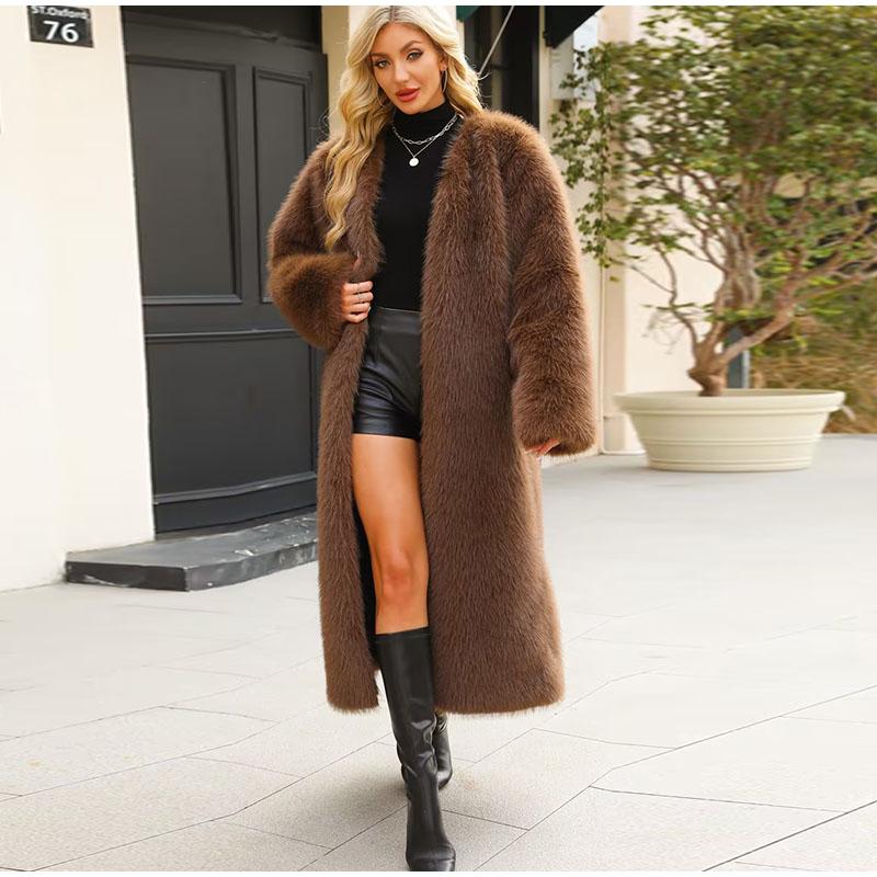 Женские шубы из искусственного меха с длинным рукавом, с открытым швом, длинные куртки с V-образным вырезом, плотное пальто, элегантная женская верхняя одежда на осень и зиму