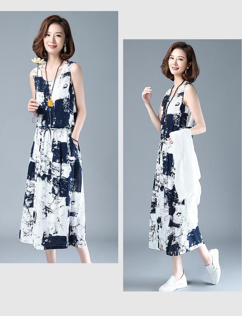 Женский летний костюм-двойка из хлопка и льна с шалью с принтом тушью, 2025