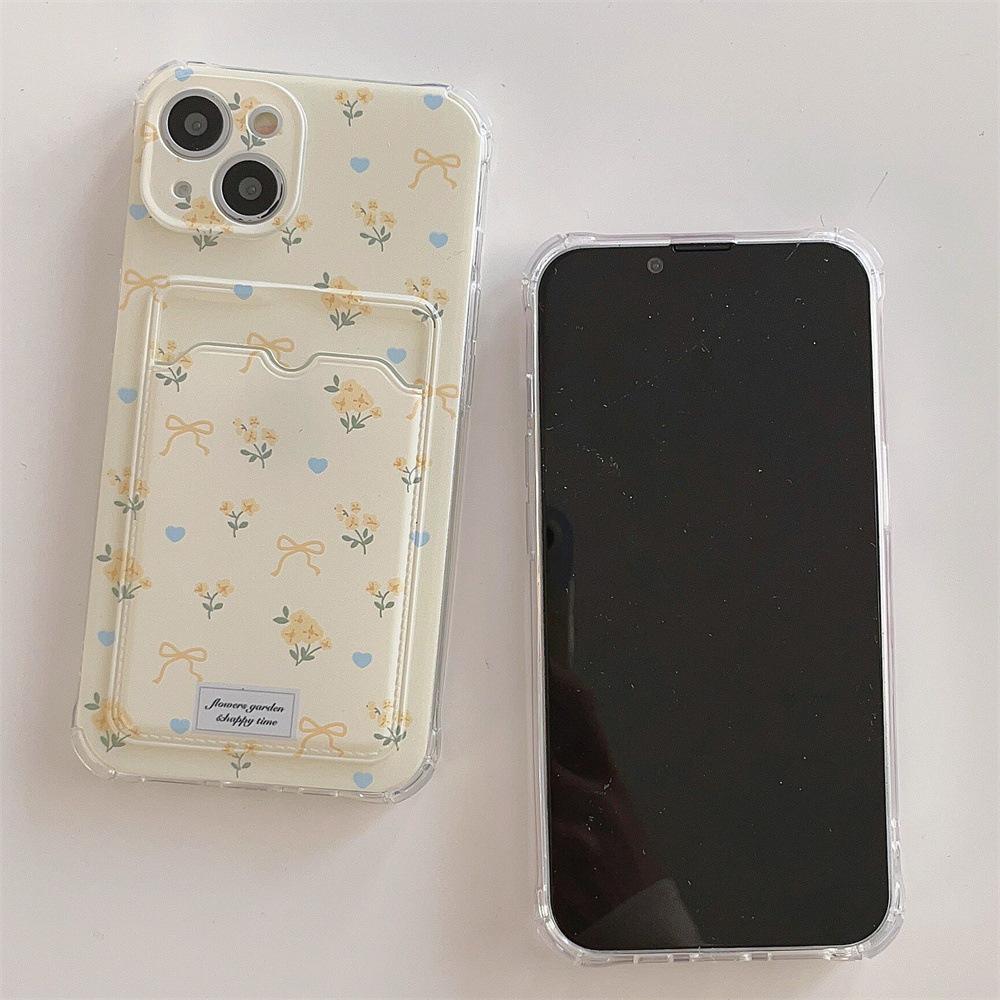 Чехол для iPhone 13 с розовыми и желтыми мелкими цветами для iPhone 11, 12 Pro Max и iPhone 14 со слотом для карт.