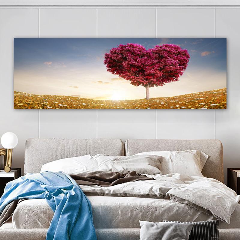 Современная панорамная картина на холсте с изображением цветочного поля на закате в ярких зеленых и красных тонах