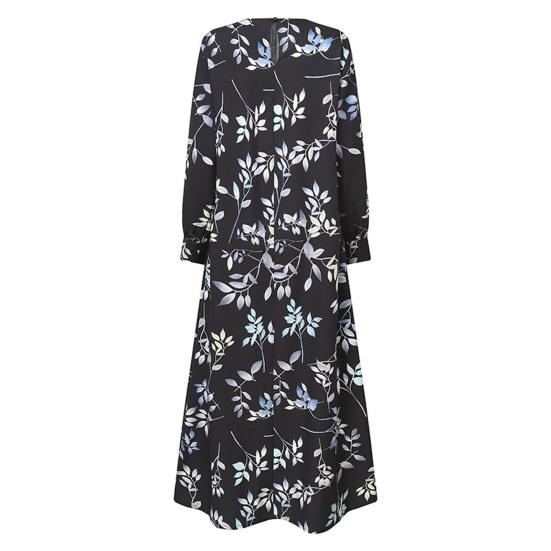 Женское винтажное длинное платье летнее с круглым вырезом и длинными рукавами, платье-свинг свободного кроя с принтом листьев, повседневное пляжное макси-платье для отпуска