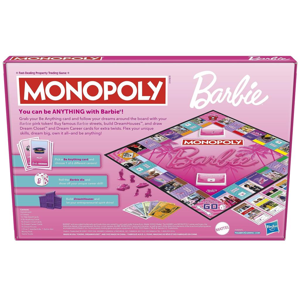 Monopoly: Barbie Edition Board Game, Ages 8+, 2-6 Players, Fun Family Game for Kids and Adults, Includes 6 Barbie-Themed Pink Zinc Tokens, Kids Gift