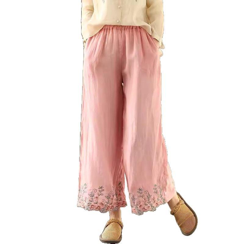 Женские зеленые вышитые хлопково-льняные брюки широкие - Коллекция Лето 2024