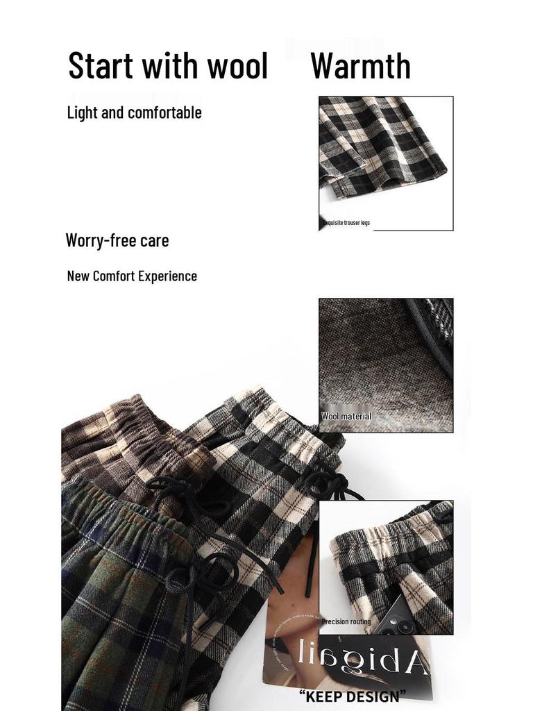 Women's Retro Wool Plaid Velvet-Lined Wide-Leg Pants