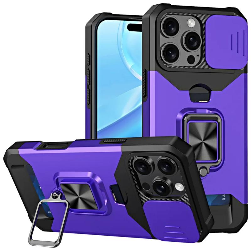 Ударопрочный тяжелый жесткий чехол с металлической подставкой и слотом для карт для iPhone 16 Pro Max 15 Pro Max 14 Pro Max