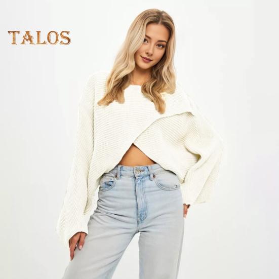 Women Sweater O-Neck Batwing Long Sleeve Solid Color Loose Fit Knitting Tops Exposed Navel Irregular Cross Sweater