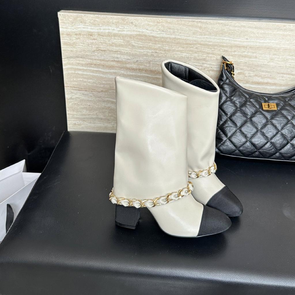 2025 Autumn and Winter New Round Head Medium Tube Thin Chain But Knee Knight Splicing Martin Women's Boots